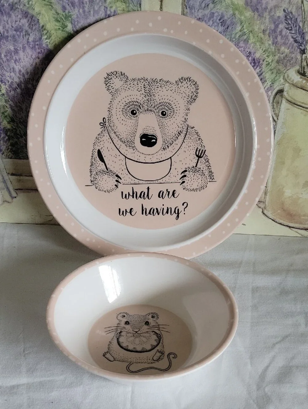 Bloomingville Mini Nelly Pink Melamine Bear Childrens Plate & Mouse Bowl Set